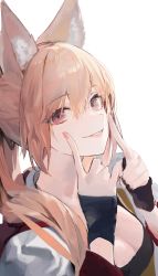 Rule 34 | absurdres, animal ear fluff, animal ears, blonde hair, ellin meiji, finger to mouth, fox ears, from side, gloves, hair between eyes, highres, huge filesize, original, ponytail, red eyes, simple background, smile, solo, white background