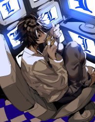 Rule 34 | 1boy, absurdres, barefoot, black eyes, black hair, character name, checkered floor, cup, death note, eating, full body, grey pants, hair between eyes, highres, holding, holding cup, holding spoon, indoors, l (death note), long sleeves, looking at viewer, looking back, male focus, no eyebrows, open mouth, pants, shirt, short hair, sitting, solo, spiked hair, spoon, swivel chair, television, white shirt, xi luo an ya