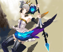 Rule 34 | 1girl, armor, armored dress, brown background, dress, fuyuno haruaki, gwendolyn (odin sphere), multicolored wings, odin sphere, solo, strapless, strapless dress, thighhighs, wings