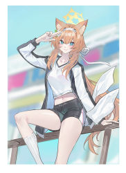Rule 34 | 1girl, absurdres, animal ear fluff, animal ears, arm up, black shorts, blue archive, blue eyes, blurry, blurry background, blush, brown hair, cat ears, commentary request, crop top, echj, feet out of frame, highres, jacket, long hair, long sleeves, looking at viewer, mari (blue archive), midriff, navel, open clothes, open jacket, railing, shirt, short shorts, shorts, sitting, smile, socks, solo, thighs, very long hair, white shirt, white socks