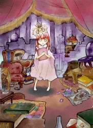 Rule 34 | 0w0w, absurdres, baby carriage, barefoot, birdcage, book, cage, carpet, chair, couch, crown, cup, doll, highres, holding, holding book, lamp, lampshade, leash, open mouth, original, plate, purple eyes, red hair, robe, short hair, table, teacup, traditional media, vial