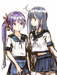 Rule 34 | 10s, 2girls, ahoge, akebono (kancolle), artist request, bell, black hair, brown eyes, commentary request, flower, had (had314), hair bell, hair flower, hair ornament, heart, highres, kantai collection, long hair, looking at another, midriff, multiple girls, pleated skirt, purple eyes, purple hair, school uniform, serafuku, short sleeves, side ponytail, sidelocks, skirt, smile, ushio (kancolle), white background