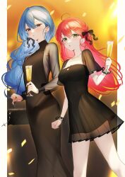Rule 34 | 2girls, :o, absurdres, ahoge, alternate costume, alternate hairstyle, bag, black dress, blue eyes, blue hair, blush, breasts, closed mouth, collarbone, commentary, confetti, cup, double-parted bangs, dress, ear piercing, earrings, feet out of frame, green eyes, hair between eyes, hair ornament, hair over shoulder, hair ribbon, handbag, highres, holding, holding cup, hololive, hoshimachi suisei, jewelry, kuma daigorou, layered dress, long hair, long sleeves, looking at viewer, multiple girls, necklace, piercing, pillarboxed, pink hair, ribbon, sakura miko, see-through, see-through dress layer, see-through sleeves, short dress, short sleeves, simple background, small breasts, standing, star (symbol), star in eye, symbol in eye, turtleneck dress, virtual youtuber, wavy hair, white background, wrist cuffs