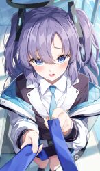 Rule 34 | 1girl, black skirt, blue archive, blue eyes, blue necktie, blush, collared shirt, from above, halo, highres, igayan, jacket, long hair, long sleeves, looking at viewer, mechanical halo, necktie, open clothes, open jacket, open mouth, pleated skirt, purple hair, shirt, skirt, solo, two-sided fabric, two-sided jacket, white jacket, white shirt, yuuka (blue archive)