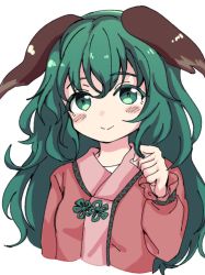 Rule 34 | 1girl, alternate hair length, alternate hairstyle, animal ears, artistic error, bad id, bad twitter id, closed mouth, commentary request, dog ears, doroame (ameyu), dress, extra digits, green eyes, green hair, hand in own hair, kasodani kyouko, long hair, looking at viewer, pink dress, simple background, smile, solo, touhou, upper body, white background