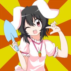Rule 34 | 1girl, :d, animal ears, black hair, blush, breasts, bwell, carrot necklace, commentary request, dress, floppy ears, frilled sleeves, frills, hair between eyes, holding, inaba tewi, jewelry, looking at viewer, necklace, one eye closed, open mouth, orange background, pink dress, pointing, pointing at self, puffy short sleeves, puffy sleeves, rabbit ears, rabbit girl, red eyes, short hair, short sleeves, small breasts, smile, solo, sunburst, touhou, trowel, two-tone background, upper body, yellow background