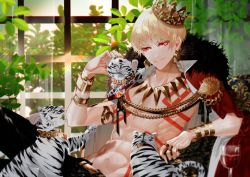 Rule 34 | 1boy, abs, alcohol, animal, arm support, bangle, black pants, blonde hair, bracelet, cape, cat, clothes lift, collarbone, crown, cup, drinking glass, earrings, fate/grand order, fate (series), gilgamesh (fate), headpat, indoors, jewelry, leaf, leaning back, lens flare, looking at viewer, male focus, navel, necklace, pants, parted lips, ring, shei99, shirt lift, sitting, solo, sunlight, tattoo, whiskers, window, wine, wine glass