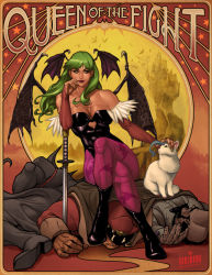 Rule 34 | 1girl, 2boys, ahoge, art nouveau, balrog (street fighter), bat wings, belger, boots, breasts, bridal gauntlets, capcom, cat, cleavage, clothing cutout, colored sclera, crossed legs, crossover, demon girl, felicia (cat) (vampire), felicia (vampire), final fight, green eyes, green hair, green nails, head wings, headpat, heart cutout, katana, large breasts, leotard, lipstick, long hair, m. bison, makeup, morrigan aensland, multiple boys, nail polish, pantyhose, planted, planted sword, planted weapon, print legwear, purple pantyhose, sitting, sitting on person, solo focus, street fighter, sword, the phantom lim, toned, vampire (game), weapon, wings, yellow sclera