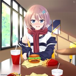 Rule 34 | 1girl, alternate costume, blanc (neptunia), blue eyes, blush, breasts, brown hair, burger, casual, chair, choujigen game neptune, commentary request, drinking straw, food, french fries, hair between eyes, hair ornament, hairclip, helvetica std, highres, holding, holding food, indoors, light rays, long sleeves, looking at viewer, neptune (series), open mouth, patreon username, red scarf, scarf, shadow, shirt, short hair, sidelocks, signature, sitting, small breasts, solo, super mushroom, swept bangs, table, white shirt, window, wrapping