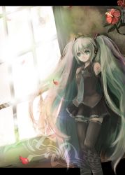 Rule 34 | 00s, 1girl, aqua hair, flower, hatsune miku, hibiscus, leche, letterboxed, long hair, outside border, solo, standing, thighhighs, twintails, very long hair, vocaloid, window, zettai ryouiki