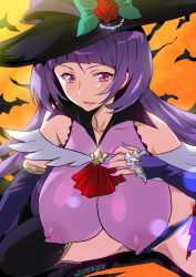 Rule 34 | 1girl, artist name, bare shoulders, bat (animal), black hat, black thighhighs, blunt bangs, breasts, closed mouth, covered erect nipples, cowboy shot, cure magical, cure magical (alexandrite style), detached sleeves, hanging breasts, hat, izayoi liko, joy ride, large breasts, leaning forward, long hair, looking at viewer, magical girl, mahou girls precure!, nail polish, pink eyes, precure, purple hair, sitting, smile, solo, spread legs, thighhighs, witch hat