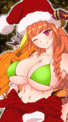 Rule 34 | 1girl, asacoco, bare shoulders, bikini, bikini top only, black bow, blonde hair, blunt bangs, blush, bow, bowtie, braid, breasts, christmas, collarbone, commentary request, diagonal-striped bow, dragon girl, dragon horns, dragon wings, fang, gradient eyes, hair ornament, hand on own hip, hat, highres, hokke (fryinghokke), holding, holding weapon, hololive, horn bow, horn ornament, horns, jumpsuit, kiryu coco, large breasts, long hair, looking at viewer, midriff, multicolored bow, multicolored eyes, multicolored hair, navel, one eye closed, orange hair, outline, pointy ears, purple eyes, red eyes, red hat, santa costume, santa hat, side braid, single braid, skin fang, smile, solo, star (symbol), starry background, stomach, streaked hair, striped, swimsuit, teeth, tied sleeves, upper body, very long hair, virtual youtuber, weapon, white bow, white outline, wings