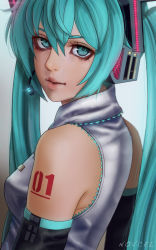 Rule 34 | 1girl, artist name, blue eyes, blue hair, blush, breasts, detached sleeves, hatsune miku, headset, highres, long hair, looking at viewer, medium breasts, novcel, realistic, solo, twintails, upper body, vocaloid