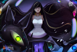 Rule 34 | 1girl, artist logo, artist name, black hair, blue pantyhose, breasts, commentary, creatures (company), dress, game freak, gen 7 pokemon, hair over one eye, lips, logan cure, long hair, looking at viewer, lusamine (pokemon), making-of available, medium breasts, nihilego, nintendo, nose, pantyhose, parted lips, patreon logo, patreon username, pokemon, sleeveless, sleeveless dress, speedpaint, standing, twitter username, ultra beast, very long hair, white dress, yellow eyes