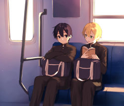 Rule 34 | 2boys, bag, black hair, black jacket, blonde hair, book, closed mouth, commentary request, crossed arms, day, eugeo, feet out of frame, green eyes, hair between eyes, highres, holding, holding book, indoors, jacket, kirito, long sleeves, looking at another, male focus, multiple boys, noro (ro no), open book, open mouth, pants, short hair, sitting, smile, sword art online, sword art online: alicization, train interior, window