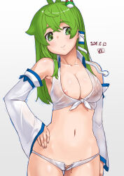 Rule 34 | 1girl, antenna hair, blush, breasts, closed mouth, collared shirt, covered erect nipples, cowboy shot, crop top, cross-laced clothes, cross-laced panties, crossed bangs, dated, detached sleeves, fingernails, frog hair ornament, green eyes, green hair, grey background, hair ornament, hand on own hip, highres, kei jiei, kochiya sanae, large breasts, long hair, looking to the side, navel, nipple slip, nipples, panties, pussy, pussy peek, shirt, sidelocks, single hair tube, sleeveless, sleeveless shirt, smile, snake hair ornament, solo, tied shirt, touhou, uncensored, underwear, wet, wet clothes, wet shirt, white panties, white shirt, white sleeves