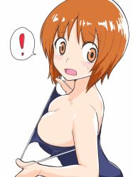 Rule 34 | !, 1girl, blue one-piece swimsuit, blush, breasts, brown eyes, brown hair, cleavage, clothes pull, commentary request, embarrassed, from side, frown, girls und panzer, highres, looking at viewer, medium breasts, nishizumi miho, one-piece swimsuit, one-piece swimsuit pull, open mouth, school swimsuit, short hair, simple background, solo, spoken exclamation mark, sweatdrop, swimsuit, upper body, white background, yabai gorilla