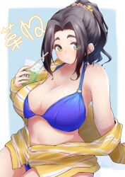 Rule 34 | 1girl, bikini, black hair, blue bikini, blush, breasts, cleavage, cup, curvy, disposable cup, ebihara naho, forehead, highres, holding, holding cup, idolmaster, idolmaster cinderella girls, jacket, large breasts, looking at viewer, navel, parted bangs, partially unzipped, ponytail, solo, starbucks, swimsuit, thick eyebrows, thick thighs, thighs, wakusei81, wide hips, yellow jacket