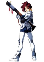 Rule 34 | 1990s (style), 1girl, armor, ass, beads, bodysuit, boots, expressionless, full body, gloves, gun, hair beads, hair ornament, highres, holding, holding gun, holding weapon, iria (zeiram), iria zeiram the animation, katsura masakazu, looking at viewer, mole, mole under eye, non-web source, official art, red eyes, red hair, retro artstyle, rifle, short hair, solo, standing, weapon
