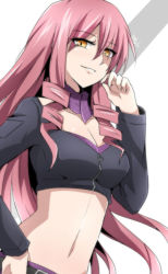 Rule 34 | 10s, 1girl, akuma no riddle, artist name, bad id, bad pixiv id, breasts, cleavage, crop top, drill hair, hand on own hip, hand on own cheek, hand on own face, highres, inukai isuke, kago-tan, long hair, looking at viewer, midriff, navel, open mouth, parted lips, pink hair, solo, yellow eyes