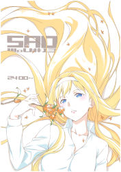Rule 34 | 1girl, alice zuberg, alternate costume, alternate hairstyle, blonde hair, blue eyes, collarbone, collared shirt, copyright name, flower, hair down, hair intakes, hairband, holding, holding flower, long hair, looking at viewer, lying, nakashige shunsuke, on back, open mouth, orange flower, parted lips, pink lips, shirt, solo, sword art online, sword art online: alicization, very long hair, white background, white hairband, white shirt