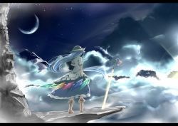 Rule 34 | 1girl, blue hair, boots, cloud, crescent moon, female focus, hand on own hip, hat, hinanawi tenshi, hip focus, letterboxed, long hair, moon, planted sword, planted, potato pot, solo, sword, sword of hisou, touhou, weapon