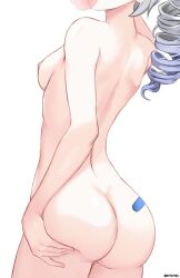 Rule 34 | ass, ass focus, ass grab, breasts, chewing gum, completely nude, drill hair, from behind, grabbing own ass, grey hair, hideharu, highres, honkai: star rail, honkai (series), nipples, nude, ponytail, silver wolf (honkai: star rail), small breasts, twitter username, white background