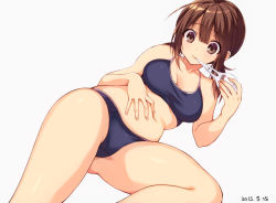 Rule 34 | 10s, 1girl, 2015, black bra, black panties, bra, breasts, brown eyes, brown hair, cleavage, dated, eating, grey background, hand on another&#039;s stomach, hand on own stomach, large breasts, leg up, low twintails, lying, mouth hold, navel, original, panties, plump, simple background, solo, sports bikini, sports bra, sportswear, sushikuugo (suisen), taut clothes, twintails, underwear, underwear only, white background