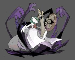 Rule 34 | aegislash, apios, bad id, bad pixiv id, bright pupils, colored sclera, creatures (company), darkness, dress, extra arms, eye contact, face-to-face, from side, full body, game freak, gardevoir, gen 3 pokemon, gen 6 pokemon, grey background, holding, holding shield, light smile, looking at another, mega gardevoir, mega pokemon, nintendo, pokemon, pokemon (creature), pokemon xy, purple sclera, red eyes, shield, simple background, sketch, sword, weapon