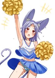 Rule 34 | 1girl, absurdres, alternate costume, animal ears, arm up, armpits, blue panties, blue shirt, blue skirt, blush, cheerleader, clothes writing, commentary request, cowboy shot, ginger ale (syouga 6383), grey hair, highres, looking at viewer, medium hair, miniskirt, mouse ears, mouse girl, mouse tail, nazrin, open mouth, panties, pantyshot, pleated skirt, pom pom (cheerleading), red eyes, shirt, simple background, skirt, solo, striped clothes, striped panties, sweat, tail, touhou, underwear, white background, white panties, white shirt