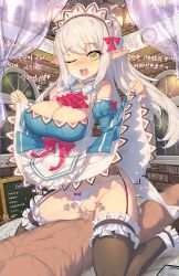 Rule 34 | 1boy, 1girl, abs, areola slip, bad id, bad pixiv id, bare shoulders, blush, breasts, censored, cleavage, cowgirl position, curtains, detached sleeves, elsword, garter belt, garter straps, hetero, highres, huge breasts, indoors, kneeling, large breasts, long hair, lying, maid headdress, mosaic censoring, muloli, navel, on stomach, one eye closed, open mouth, panties, penis, pointy ears, pussy, rena erindel, saliva, sex, solo focus, straddling, thighhighs, underwear, vaginal, white hair, yellow eyes