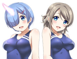 Rule 34 | 10s, 2girls, :d, blue eyes, blue hair, blue one-piece swimsuit, blush, breasts, breasts apart, brown hair, collarbone, competition swimsuit, crossover, hair over one eye, highres, horns, leixue kongling, looking at viewer, love live!, love live! school idol project, love live! sunshine!!, medium breasts, multiple girls, one-piece swimsuit, open mouth, re:zero kara hajimeru isekai seikatsu, rem (re:zero), shiny skin, short hair, sideboob, simple background, single horn, smile, swimsuit, upper body, watanabe you, white background