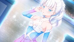 Rule 34 | 1girl, aikotoba -silver snow sister-, any (trueblue), bare shoulders, blue dress, blue eyes, blush, breasts, detached sleeves, dress, earrings, figure skating dress, game cg, hoshitsugu shirone, indoors, jewelry, jitome, long hair, looking at viewer, non-web source, parted lips, ponytail, skating rink, small breasts, solo, two-tone dress, upper body, white dress, white hair