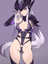 Rule 34 | 1girl, armor, bare shoulders, blush, breasts, bridal gauntlets, cameltoe, detached collar, detached sleeves, ear protection, forehead jewel, forehead protector, grey background, hair flip, highres, kumiko shiba, league of legends, long hair, pauldrons, ponytail, purple eyes, revealing clothes, shoulder armor, sideboob, silver hair, solo, syndra, thighhighs, tsundere, vambraces, very long hair