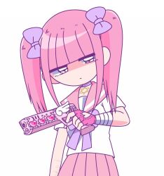 Rule 34 | 1girl, bandaged arm, bandages, blunt bangs, bow, closed mouth, collar, expressionless, ezaki bisuko, finger on trigger, fingerless gloves, gloves, gun, hair bow, handgun, heart, hexagram, highres, holding, holding weapon, jewelry, looking at viewer, menhera-chan (ezaki bisuko), menhera-chan (ezaki bisuko) (character), necklace, pink hair, pink sailor collar, pink skirt, pleated skirt, purple bow, purple collar, purple eyes, sailor collar, school uniform, self-harm scar, serafuku, shaded face, short twintails, sidelocks, simple background, skirt, solo, star of david, twintails, weapon, white background, white serafuku