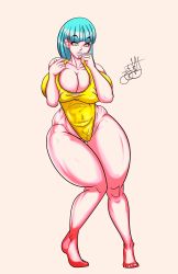 Rule 34 | 1girl, absurdres, artist request, barefoot, blue eyes, blue hair, breasts, cameltoe, cleavage, cowboy shot, dragon ball, dragonball z, female focus, full body, highleg, highleg swimsuit, highres, huge breasts, long hair, looking away, maron (dragon ball), matching hair/eyes, one-piece swimsuit, simple background, smile, solo, swimsuit, yellow one-piece swimsuit