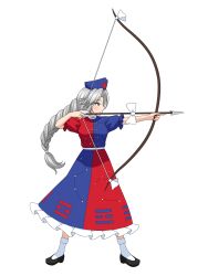 Rule 34 | 1girl, absurdres, aiming, arrow (projectile), blue dress, bow (weapon), braid, closed mouth, commentary, constellation, constellation print, cross, drawing bow, dress, grey hair, hat, highres, holding, holding arrow, holding bow (weapon), holding weapon, long hair, looking to the side, multicolored clothes, multicolored dress, nurse cap, red cross, red dress, shoes, short sleeves, simple background, single braid, socks, solo, tatsu toyoyo, touhou, trigram, weapon, white background, white socks, yagokoro eirin
