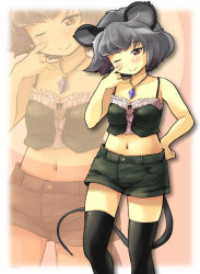Rule 34 | 1girl, alternate costume, animal ears, bad id, bad pixiv id, bare arms, black thighhighs, blush, brown eyes, collarbone, crop top, gem, grey hair, jewelry, looking at viewer, midriff, mouse ears, mouse tail, navel, nazrin, necklace, nise nanatsura, one eye closed, pendant, shirt, shorts, sleeveless, sleeveless shirt, smile, solo, tail, thighhighs, touhou, wink, zoom layer