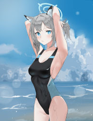 Rule 34 | 1girl, absurdres, animal ear fluff, animal ears, arms behind head, black one-piece swimsuit, blue archive, blue eyes, blue sky, cloud, competition swimsuit, cross hair ornament, day, extra ears, grey hair, hair ornament, halo, highres, horizon, medium hair, mismatched pupils, multicolored clothes, multicolored swimsuit, ocean, one-piece swimsuit, outdoors, shiroko (blue archive), shiroko (swimsuit) (blue archive), sky, solo, swimsuit, younubu no luolikong