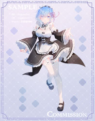 Rule 34 | 1girl, apron, black bow, black footwear, black ribbon, black skirt, black sleeves, blue eyes, blue hair, blush, bow, breasts, cleavage, collar, commentary request, commission, detached collar, detached sleeves, female focus, flower, frilled apron, frilled skirt, frilled sleeves, frills, full body, garter straps, hair flower, hair ornament, head wreath, highres, long sleeves, looking at viewer, maid, mary janes, matching hair/eyes, medium breasts, miniskirt, nail polish, neck ribbon, parted lips, pink nails, re:zero kara hajimeru isekai seikatsu, rem (re:zero), ribbon, ribbon-trimmed sleeves, ribbon trim, roswaal mansion maid uniform, sample watermark, shoes, short hair, skirt, solo, thighhighs, underbust, waist apron, watermark, white apron, white bow, white collar, white flower, white thighhighs, wide sleeves, xiao yung lin