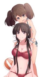Rule 34 | 10s, 2girls, :d, alternate hairstyle, asaoka (0x0), ball, bare arms, bare shoulders, beachball, bikini, black hair, blue bikini, blush, breasts, brown eyes, brown hair, cleavage, collarbone, eyebrows, fang, hair ornament, hair ribbon, hands on another&#039;s shoulders, hiyou (kancolle), holding, holding behind back, kantai collection, large breasts, long hair, looking at another, low twintails, multiple girls, navel, open mouth, purple eyes, red bikini, ribbon, ryuujou (kancolle), side-tie bikini bottom, small breasts, smile, swimsuit, twintails, white background, white ribbon