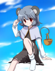 Rule 34 | 1girl, animal ears, bad id, bad pixiv id, basket, capelet, female focus, grey hair, looking at viewer, marimo danshaku, mouse ears, mouse tail, nazrin, red eyes, short hair, smile, socks, solo, tail, touhou, white socks