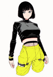 Rule 34 | 1girl, black hair, blue eyes, bob cut, breasts, crop top, cropped legs, dende (dndn222), fashion, fishnets, highres, large breasts, midriff, original, overalls, short hair, simple background, solo, streetwear, watch, white background, wristwatch