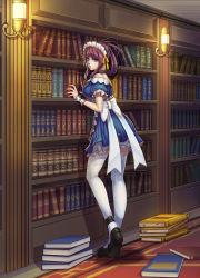 Rule 34 | 1girl, :o, absurdres, blue eyes, book, bookshelf, bow, brown hair, gonster, highres, looking at viewer, maid, maid headdress, mole, mole under mouth, original, ponytail, purple hair, solo, thighhighs, white thighhighs, wrist cuffs