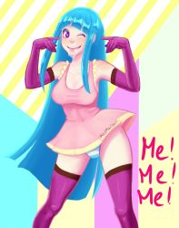 Rule 34 | 1girl, artist name, bare shoulders, blue hair, blue panties, blunt bangs, blush, breasts, collarbone, copyright name, covered navel, dress, drooling, elbow gloves, female focus, gloves, hands up, happy, heart, heart-shaped pupils, highres, jpeg artifacts, legs apart, light blush, long hair, looking at viewer, me!me!me!, medium breasts, meme (me!me!me!), mezmaroon, one eye closed, open mouth, panties, pink dress, pointing, pointing at self, purple eyes, purple gloves, purple thighhighs, saliva, short dress, signature, sleeveless, sleeveless dress, smile, solo, standing, striped clothes, striped panties, symbol-shaped pupils, teeth, thighhighs, underwear, very long hair, wink