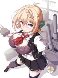 Rule 34 | 1girl, 547th sy, @ @, adapted turret, alternate costume, arashi (kancolle), arashi (kancolle) (cosplay), belt, black skirt, black vest, blush, bra, cannon, cosplay, dress shirt, highres, kantai collection, looking at viewer, machinery, neckerchief, open clothes, open mouth, open shirt, perth (kancolle), pleated skirt, purple bra, purple eyes, red neckerchief, rigging, searchlight, shirt, skirt, smokestack, solo, thighhighs, torpedo, torpedo launcher, torpedo tubes, turret, underwear, vest, white shirt