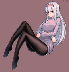 Rule 34 | 1girl, :o, alternate costume, bad id, bad pixiv id, black pantyhose, brown eyes, casual, crossed arms, full body, hairband, highres, kagi f, kantai collection, long hair, long sleeves, no shoes, pantyhose, shoukaku (kancolle), solo, sweater, thighs, twitter username, white hair