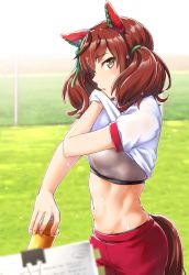 Rule 34 | 1girl, animal ears, blurry, blurry foreground, bottle, bow, breasts, brown eyes, brown hair, bush, clipboard, clothes lift, commentary request, cowboy shot, ear covers, grass, groin, gym uniform, hair between eyes, highres, holding, holding bottle, horse ears, horse girl, horse tail, kobamiso (kobalt), lifting own clothes, looking at viewer, medium breasts, multicolored hair, navel, nice nature (umamusume), outdoors, parted lips, profile, red shorts, shirt, shirt lift, short sleeves, shorts, sidelocks, solo, sports bra, standing, stomach, streaked hair, sweat, tail, toned, twintails, umamusume, water bottle, wet, wet hair, white shirt