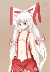 Rule 34 | 1girl, baggy pants, bare shoulders, bow, chest sarashi, cigarette, collarbone, fujiwara no mokou, grey background, hair bow, hand in pocket, hell.k, highres, long hair, midriff, navel, ofuda, ofuda on clothes, open fly, pants, red eyes, red pants, sarashi, simple background, stomach, suspenders, touhou, very long hair, white bow, white hair, wings