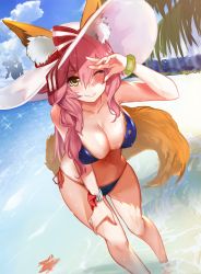 Rule 34 | 2girls, ;), animal ears, beach, bikini, blue bikini, bracelet, breasts, cleavage, closed mouth, day, ears through headwear, fang, fang out, fate/grand order, fate (series), fox ears, fox tail, gluteal fold, hair between eyes, hand on own thigh, hat, hat ribbon, highres, jewelry, large breasts, leaning forward, long hair, multiple girls, navel, one eye closed, outdoors, pink hair, ramuda (guilty931), ribbon, shading eyes, side-tie bikini bottom, silhouette, smile, sparkle, starfish, sun hat, swimsuit, tail, tamamo (fate), tamamo no mae (fate/extra), tamamo no mae (swimsuit lancer) (fate), tamamo no mae (swimsuit lancer) (third ascension) (fate), wading, white hat, yellow eyes